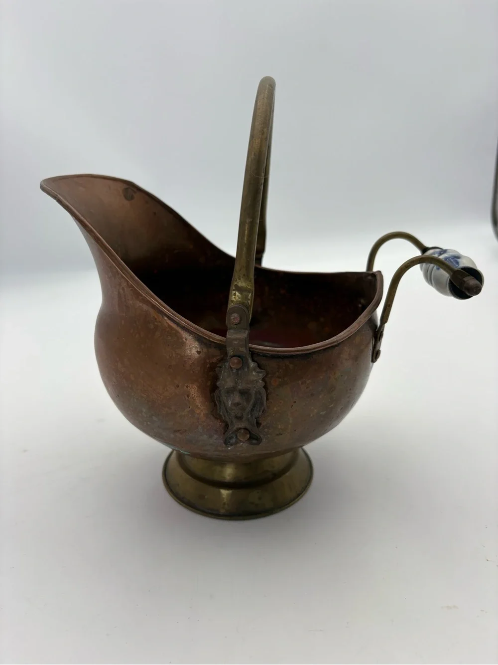 Vintage Copper Coal Scuttle with Brass and Blue and White Porcelain Handle